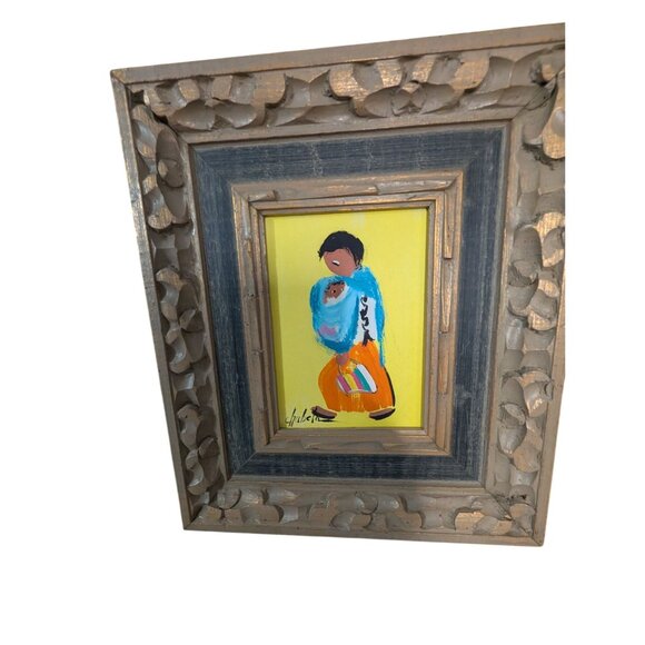 Signed "Chabela" Oil Painting on Board Woman Child Colorful Bag Ornate Frame - Picture 4 of 11